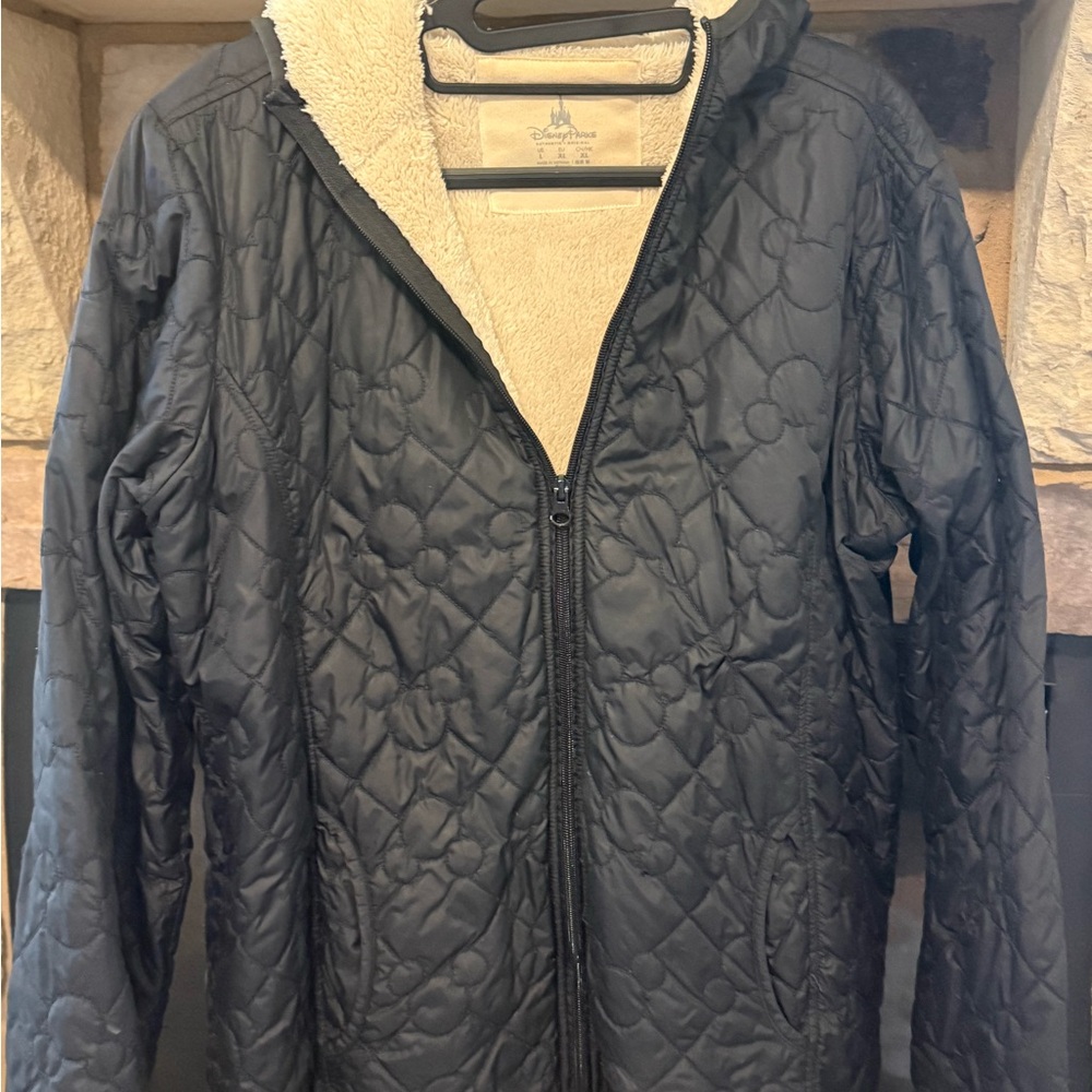Disney Black Quilted Hooded Puffer with Cream Sherpa Lining